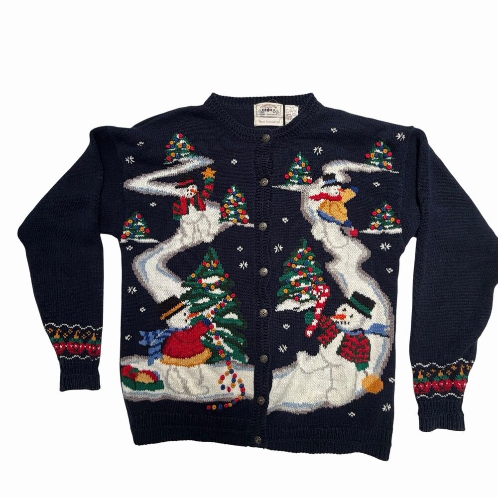 VTG Christmas Cardigan Navy Snowman Tree Novelty Knit Ugly Holiday Sweater